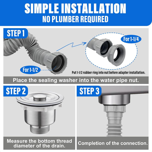Double Sink Drain Kit, Flexible Sink Drain Pipe P Trap 1-1/2 & 1-1/4 Fits Kitchen Bathroom, Gray