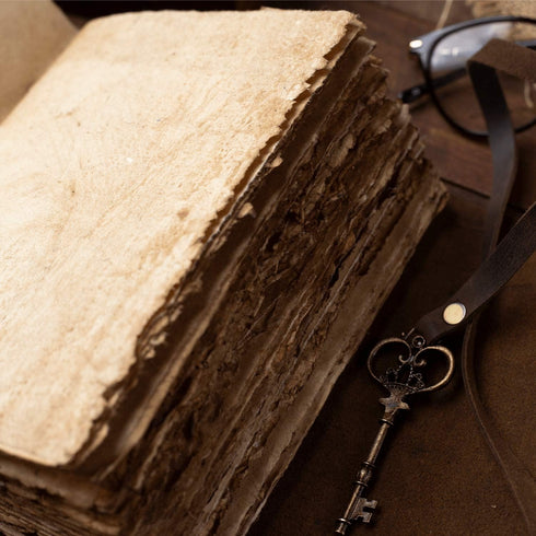 Vintage Leather Journal - Antique Handmade Deckle Edge Leather Bound Sketchbook, 9"x6"