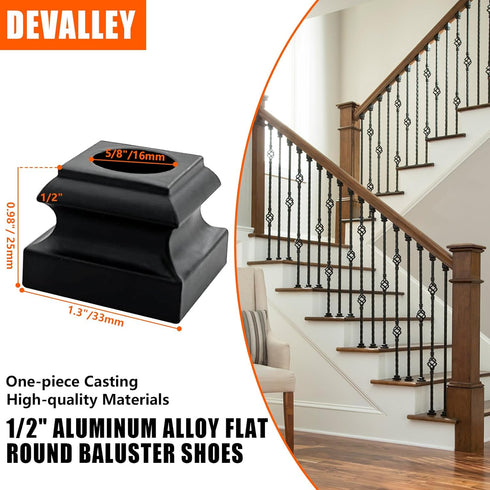 Iron Balusters Flat Shoes - Aluminum Alloy Staircases Shoes for 5/8 Inch Square Interior Balusters,Wrought Iron Spindle Shoes with Screws,Satin Black - Set of 10