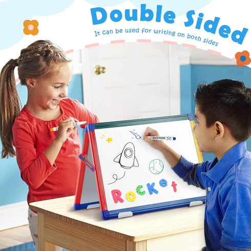 SWANCROWN Portable Magnetic Dry Erase White Board for Kids, 16x12 Inch Double Sided Tabletop Easel with 82Pcs Magnets