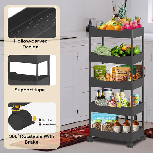 5-Tier Plastic Rolling Utility Cart, Rolling Storage Cart, Narrow Shelf, Bathroom Organizer Rolling Utility for Office
