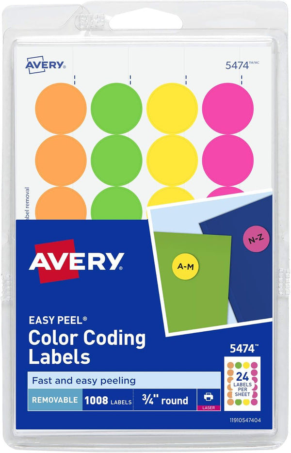 Avery Removable Print or Write Dot Stickers, 3/4 Inch, Assorted Colors, Pack of 1008