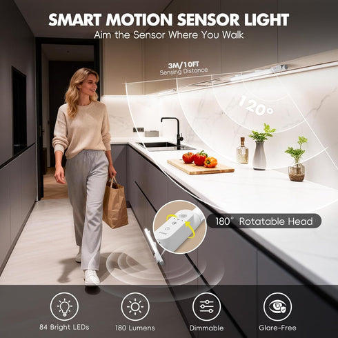 EVXVE 15.4" Closet 180 180 3 Dimmable (2 Pack) Motion Sensor Lights, Rotatable Under Cabinet Lighting Wireless, Lumens
