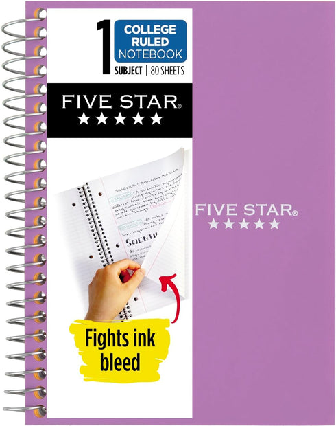 Five Star Spiral Notebook, 1 Subject, College Ruled Paper, 7" x 4-3/8", 80 Sheets, Purple