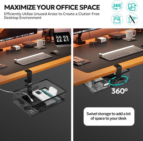 Under Desk Storage Organizer, Clamp-on Swivel Alloy Steel Drawer, Hidden Desktop Drawer Basket, Easy to Install