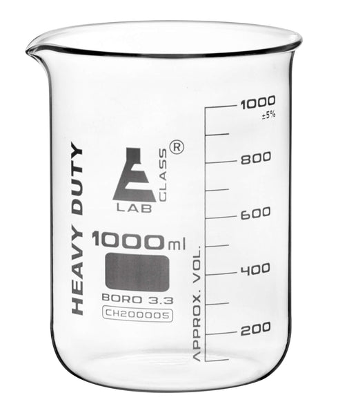 EISCO Heavy Duty Beaker, 1000ml, 5mm Thick, White Graduations, Borosilicate 3.3 Glass, Superior Durability