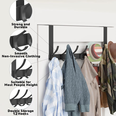 Over The Door Hooks, Large Sturdy Door Hanger with 12 Hooks, Heavy Duty Towel Rack for Bathroom, Bedroom, Kitchen
