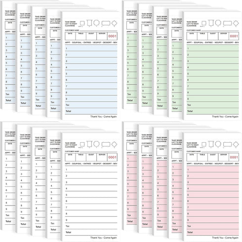 20 Pack 1000 4 Server Note Pads Bulk Guest Checks Books for Servers,Total Sheets Server Orders Paper Colors Food