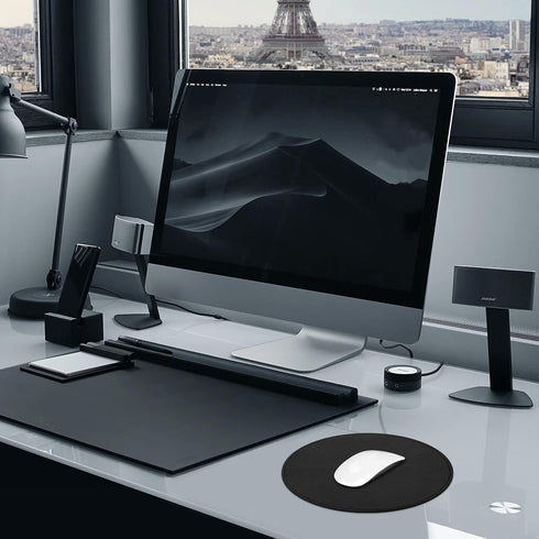 Round PU Leather Mouse Pad with Stitched Edge, Non-Slip Waterproof Micro-Fiber Base, 9 x 9 Inch (Black)