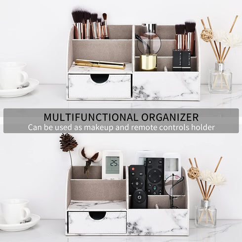 KINGFOM Pu Leather Desk Organizer - Pen Pencil Holder with 6 Compartments and Drawer, Gray Marble