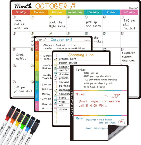 CLEVER CLEAN Magnetic Dry Erase Monthly Calendar Set, 14.5"x11" Monthly Calendar with 6 Extra Fine Point Markers