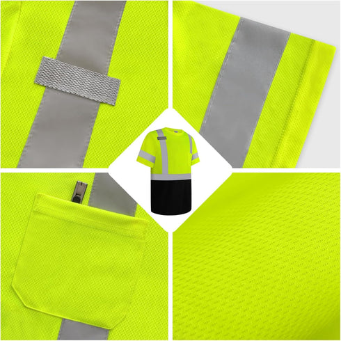 High Visibility Shirts for Men Class 3, Hi Vis Reflective Safety Work Shirts, Short Sleeve, Yellow 3XL