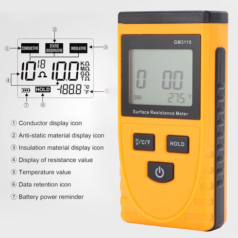 GM3110 Surface Resistance Meter, Anti-Static Tester with High-Definition LCD Backlight Digital Display