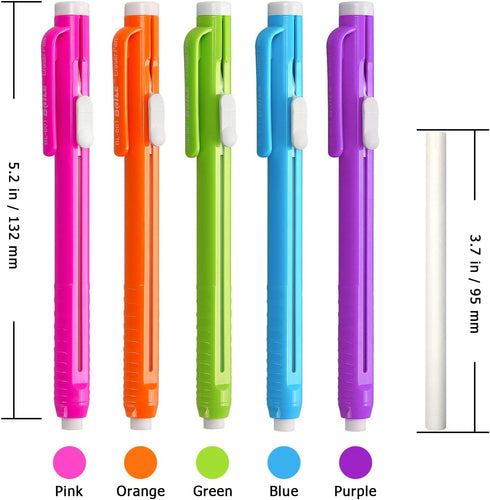 Retractable Mechanical Eraser Pen - Assorted Color Pen-Style Erasers, 5 Pack