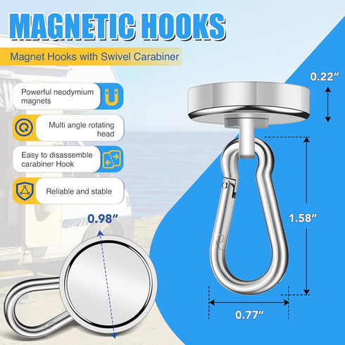 70Lbs Heavy Duty Magnetic Hooks with Swivel Carabiner, 6 Pack Extral Strong Neodymium Magnet Hooks for Hanging