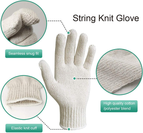 MIG4U 12 Pairs Work Gloves - Cotton String Gloves for Safety Work - Glove Liner Hand Saver Heat Protection for BBQ (Large, Economic)