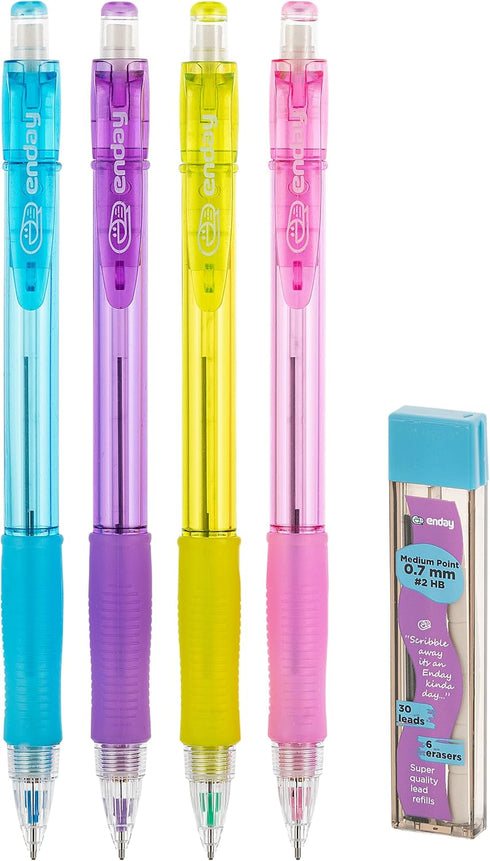 Enday Mechanical Pencils 0.7 mm #2 HB Lead Pencil with Dark Lead, Durable Eraser Refills, 4 Pencils for School, Home,