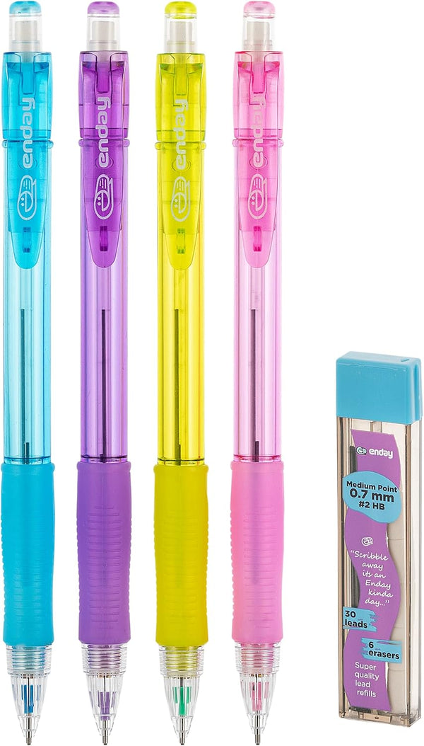 Enday Mechanical Pencils 0.7 mm #2 HB Lead Pencil with Dark Lead, Durable Eraser Refills, 4 Pencils for School, Home,