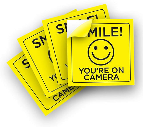 Smile You're on Camera Sticker, 6x6 Inch, 4 Pack, Durable Black and Yellow, Self-Adhesive