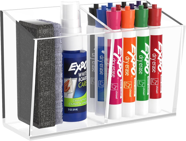 HBlife Acrylic Magnetic Dry Erase Marker Holder, 2 Compartments, Storage Organizer Cup for Fridge, Locker