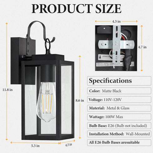 RLdream 11.8-inch IP65 Dusk to Dawn Outdoor Wall Lights, Black Exterior Light Fixture with Clear Tempered Glass