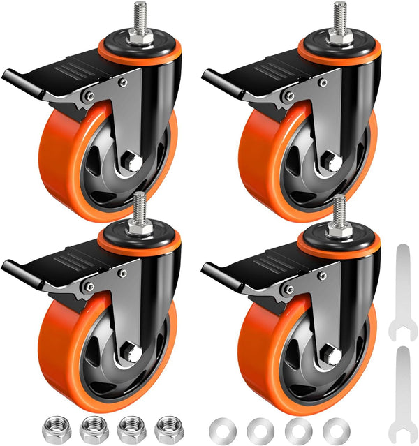 Heavy Duty 3 Inch Stem Caster, 1/2"-13 x 1" Safety Locking Caster Set of 4 for Industrial Cart and Furniture
