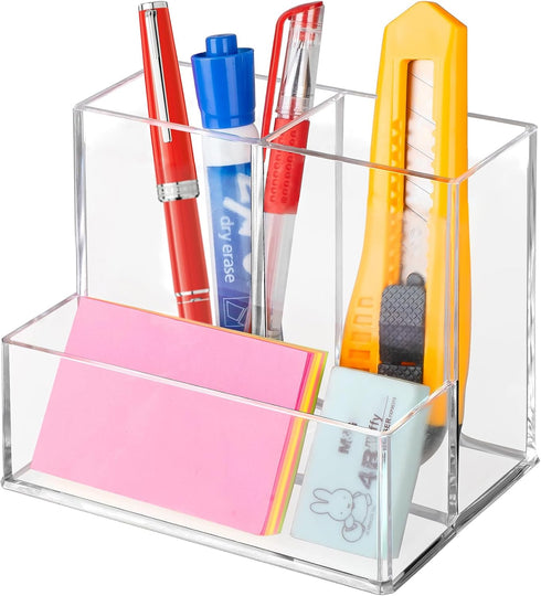 Clear Acrylic Pencil Holder for Desk, 3 Compartment Marker Organizer for Home, Office, Classroom, Bathroom
