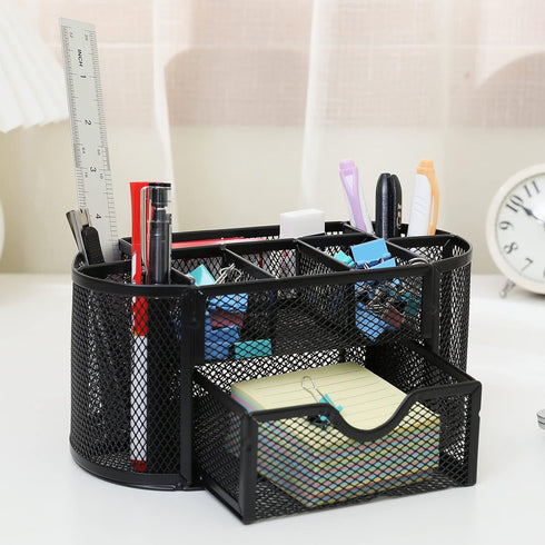 PAKASEPT Desk Organizers, Mesh Caddy with Compartments for Makeup and Office Supplies