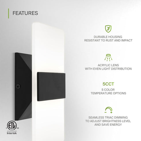 8 Inch 10W 2700K-5000K Dimmable ASD Indoor LED Wall Sconce - Black Wall Sconce Lights for Living Room, Bedroom
