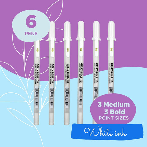 SAKURA Gelly Roll Gel Pens - Medium & Bold Tip Ink Pens for Journaling, Art, or Drawing - Classic White Ink - 08/10 Assorted Tip Sizes - 6 Pack by SAKURA