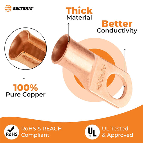 SELTERM 25pcs 2/0 AWG 1/2" Stud Battery Lugs, Heavy Duty Copper Wire Lugs for Electrical Battery Cables