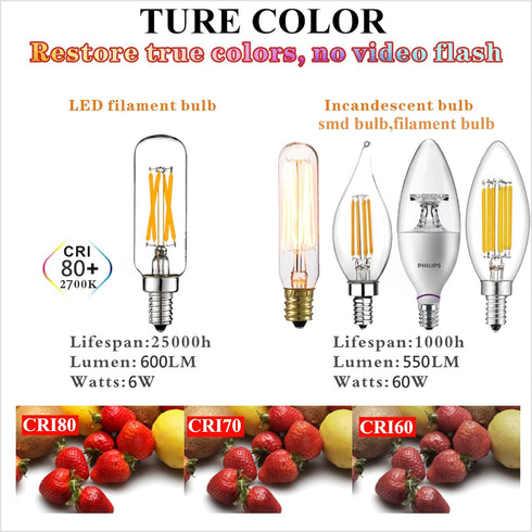LiteHistory Dimmable LED Bulb, 6W Equal Warm White 2700K, T6 T25 E12 Candelabra Bulb, 600LM, 6 Pack for Chandeliers