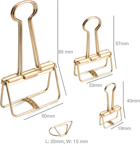 Gold Wire Binder Clips, 18 Pcs, 20 Pcs Cute Paper Clips Set, Assorted Sizes, Office Clamp Clips