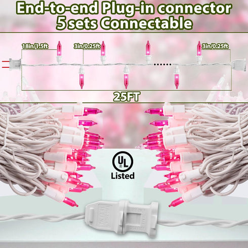 Pink Christmas Lights 25FT 100 Incandescent Bulbs, Pink Mini Lights with White Wire for Valentine's Day, Wedding, Garland, Thanksgiving, Party, Home, Indoor & Outdoor Festival Xmas Decoration by CXLHO