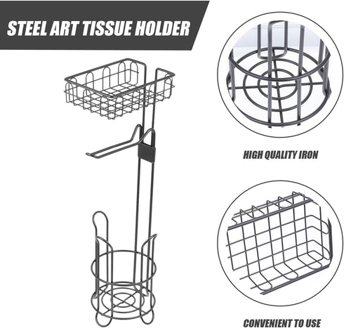 WOONEKY Multipurpose Toilet Paper Holder Stand with Metal Roll Paper Rack and Storage Shelf, Black Iron Vertical Tissue