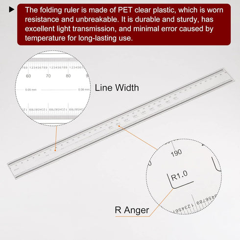 Film Flexible Ruler: 40cm 0.1mm Scale with R Angle & Width Lines, PET Plastic Calibration Tool