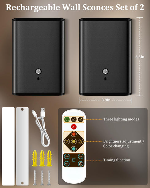 Set 2 3 6000mAh Motion Sensor Wireless Wall Sconce of - Battery Operated Wall Light with Timer&Remote Control, Color