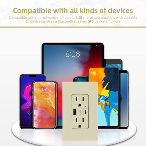 Micmi USB Outlet with C + A Wall Dual High Speed Receptacle, 15Amp 125Volt, Smart 4.8A Fast Charging, Tamper Resistant,