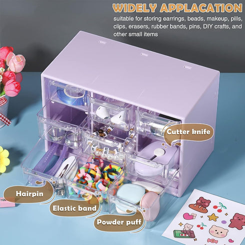 Mini Drawer Organizer 6 Pcs with 9 Drawers, Plastic Desktop Storage Box, Wall Mounted, Purple for Office Home Room