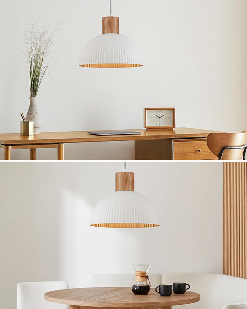 12" ELYONA Modern Ash Wood Pendant Light Fixtures Hanging Lamp Nordic White Metal & Gold Inner Finish Boho Pendant