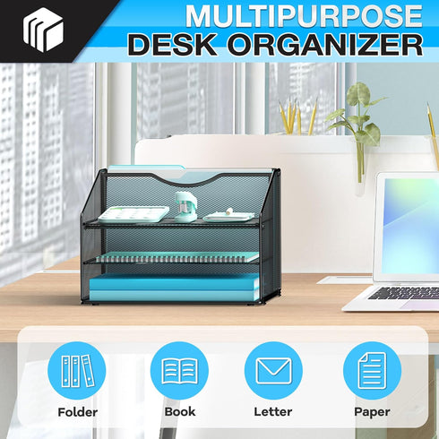 Mesh Letter Tray Desk Organizer with Vertical Section and 3 Paper Trays, Blank File Organizer