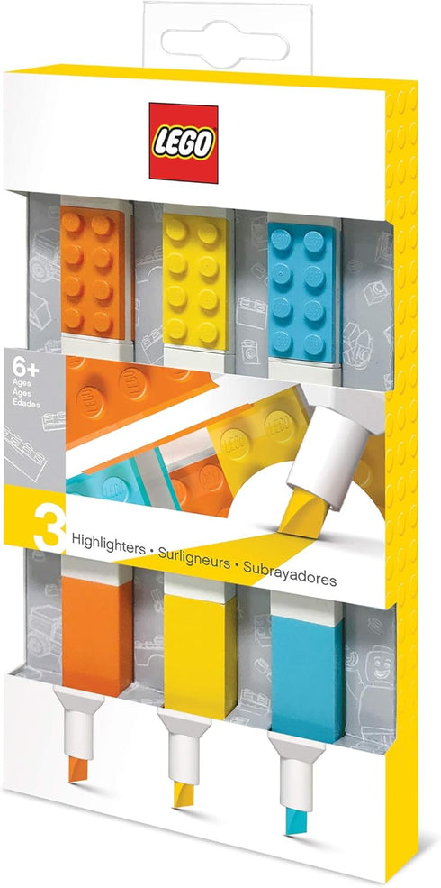 IQ LEGO Stationery 3 Pack - Highlighter Markers with 4x2 Building Bricks in Yellow, Orange, Blue