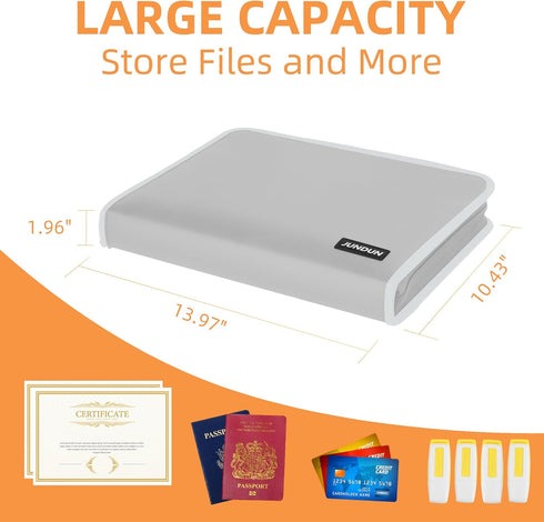 JUNDUN Accordion File Organizer, 12 Pocket Expanding File Folder with Zipper & Labels, Silver