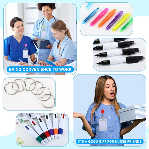 Fulmoon 150 Pcs Nurse Pen Set: 30 Retractable Nursing Badge Reels, 30 Ballpoint Pens, 30 Mini Highlighters, 30