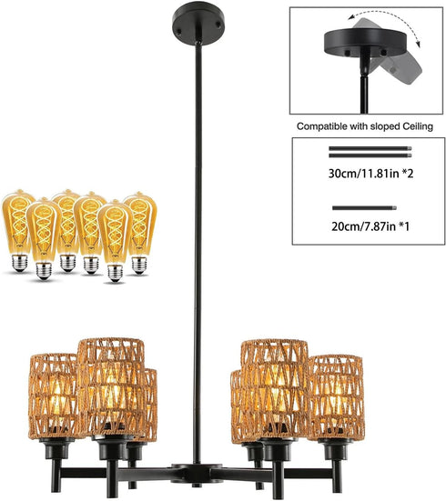 24.8" 6-Light Dimmable Rustic Retro Ceiling Light Ceiling Mount Lamp, Chandeliers, for The Living Room, Dining Room