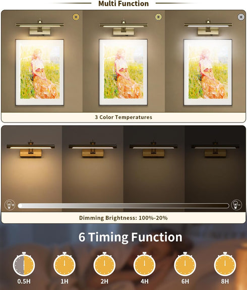 12in Arm,Dimmable Battery Operated Picture Light with Remote,Wireless Gallery Lights Brass Rechargeable Display Light