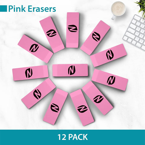 Noverbee Pink Erasers, 12 Pack for Pencils, Bulk Erasers for Kids, School Supplies, Art, and Office Use