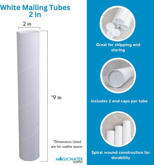 MagicWater Supply Mailing Tube 2 in x 9 in White - 4 Pack - for Shipping and Storage of Posters, Arts, Crafts, and Documents
