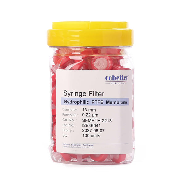 100 Pack Syringe Filter PTFE Hydrophilic Lab Filters, 0.22µm Pore Size, 13mm Diameter