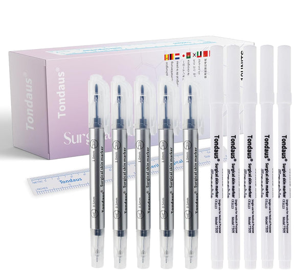 Surgical Skin Marker Professional 10Pcs Sterile Tattoo Stencil Tip Markers with Paper Ruler, Individually Wrapped for